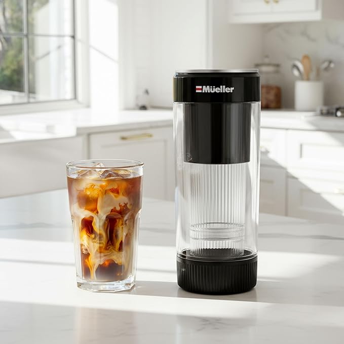 Mueller RapidBrew Cold Brew Iced Coffee Maker – 10 Min Fast Brew Portable Rechargeable Cold Brew Machine for Coffee & Tea – Adjustable Strength 10-99 Min – 20 Servings Per Charge, Black Coffee