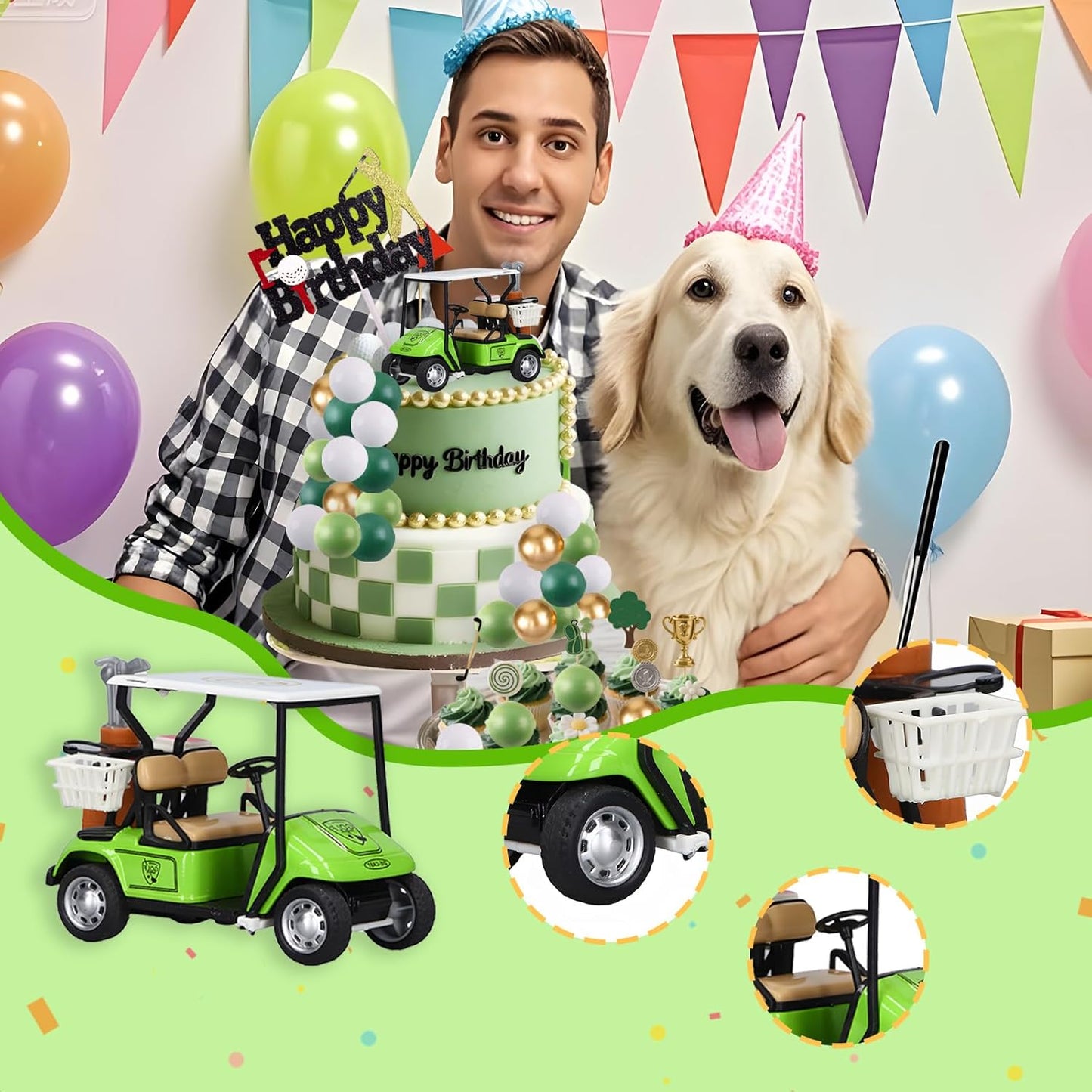 MEMOVAN Golf Cake Decorations Golf Birthday Cake Toppers Mini Golf Cart Toy Golf Theme Cake Decorations with Green Gold and White Ball Cake Topper for Golf Theme Party Supplies