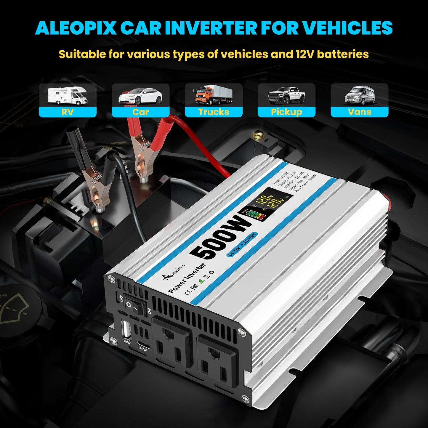 500W Car Power Inverter 12V Dc To 110V Ac, Car Charger Plug In Adapter Outlet With 2 Ac Outlets&Pd 36W Usb-C&Qc 18W Port, Portab