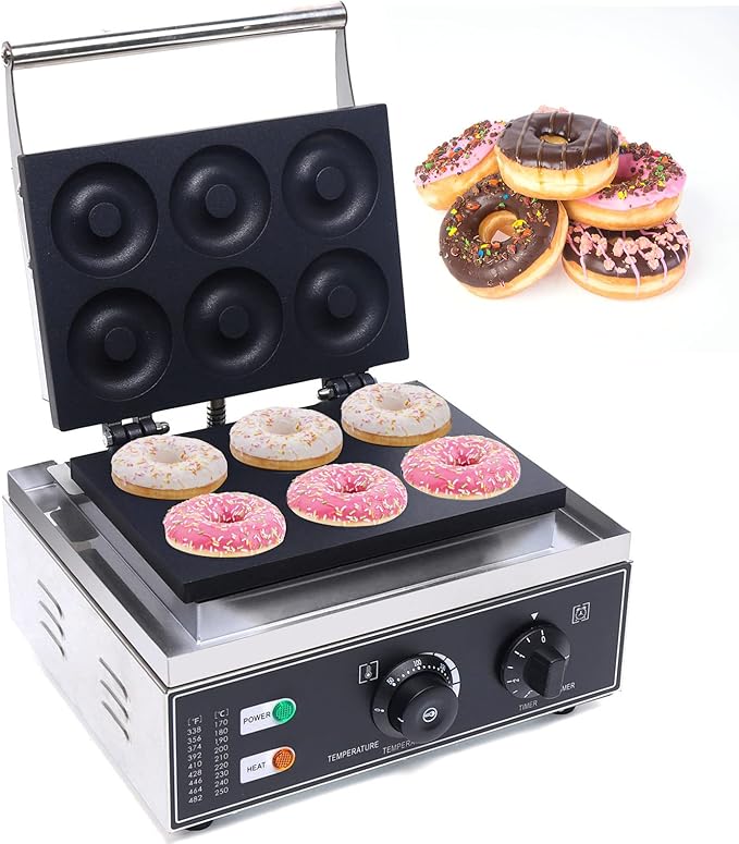 Donut Maker Machine Electric Doughnut Baker Maker Machine 110V Commercial Use Nonstick, Temperature 122-572℉,Commercial Waffle for Restaurant and Home Use (6 Holes Donut Maker)