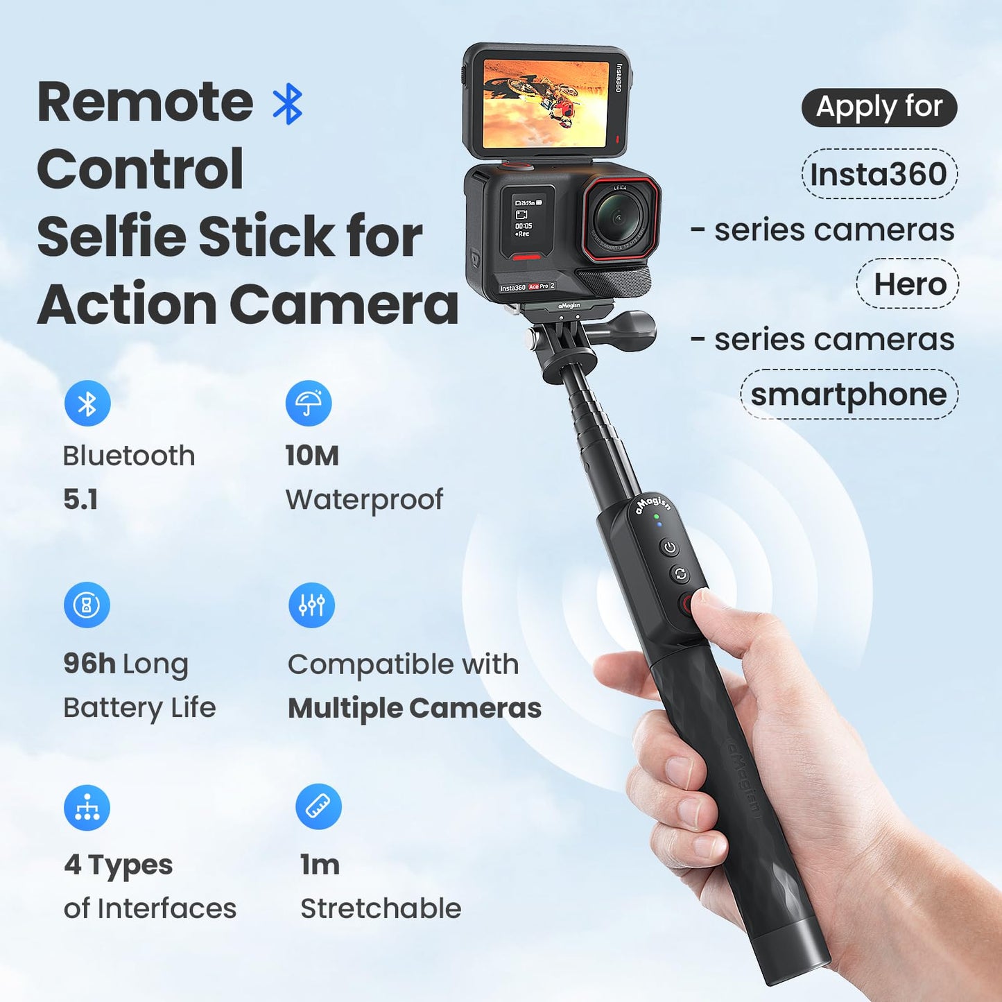 Aovee Remote Control Selfie Stick Rechargeable Waterproof 100Cm Stretchable Compatible With Insta360/Gopro Action Camera And Ios