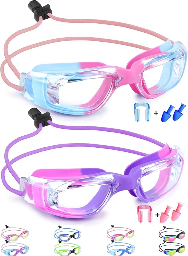 Vvinca Goggles for Kids 6-14 with Bungee Strap 2pc, Toddler Kids Swim Goggles for Swimming 8-12 No Hair Pulling for Boys Girl