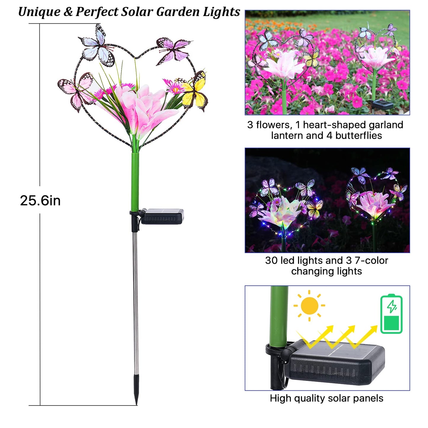 Aukora Solar Garden Lights - Waterproof Heart-Shaped Design With Butterflies & 7 Color Changing Leds - 2-Pack, Multicolor