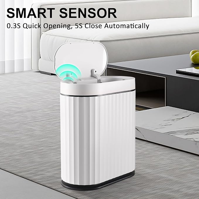 ELPHECO Bathroom Trash Can with Lid 2 Gallon Small Sensor Garbage Can, 9 Liter Slim Smart Trash Bin, Waterproof Automatic Wastebasket, Narrow Plastic Garbage Bin for Bathroom, Black and White