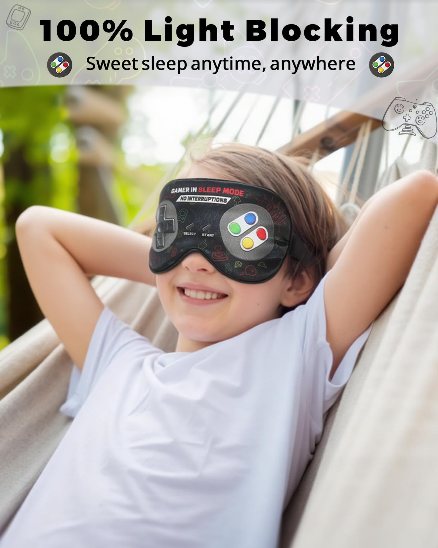 BeeVines 100% Real Mulberry Silk Sleep Mask 2 Pack, Original Design Game Themed Pure Silk Blackout Eye Cover for Kids & Adults, Adjustable Strap, Skin-Friendly Eye Mask, Reduce Puffy Eyes, for Travel