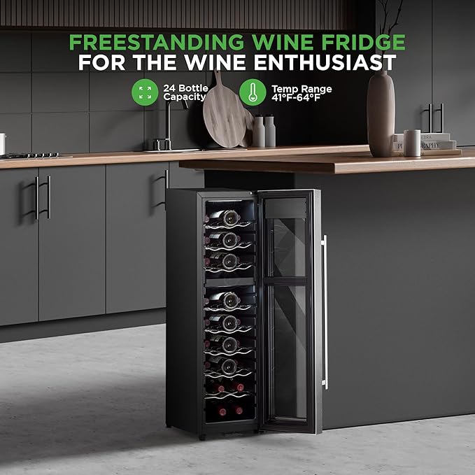 NutriChef 24 Bottle Wine Fridge | Dual Zone Chiller | Adjustable Temperature 41°F to 64°F | Ultra Quiet Operation | Wine Cooler for Home, & Office | FreeStanding 39x11x23 in (Black)