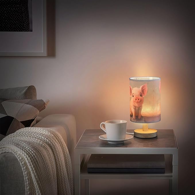 Table Lamp Cute Pink Pig Farm Animal Nightstand Lamp with Wood Base Fabric Lamp Shade Bedside Desk Lamp for Living Room Bedroom Kids Room Office