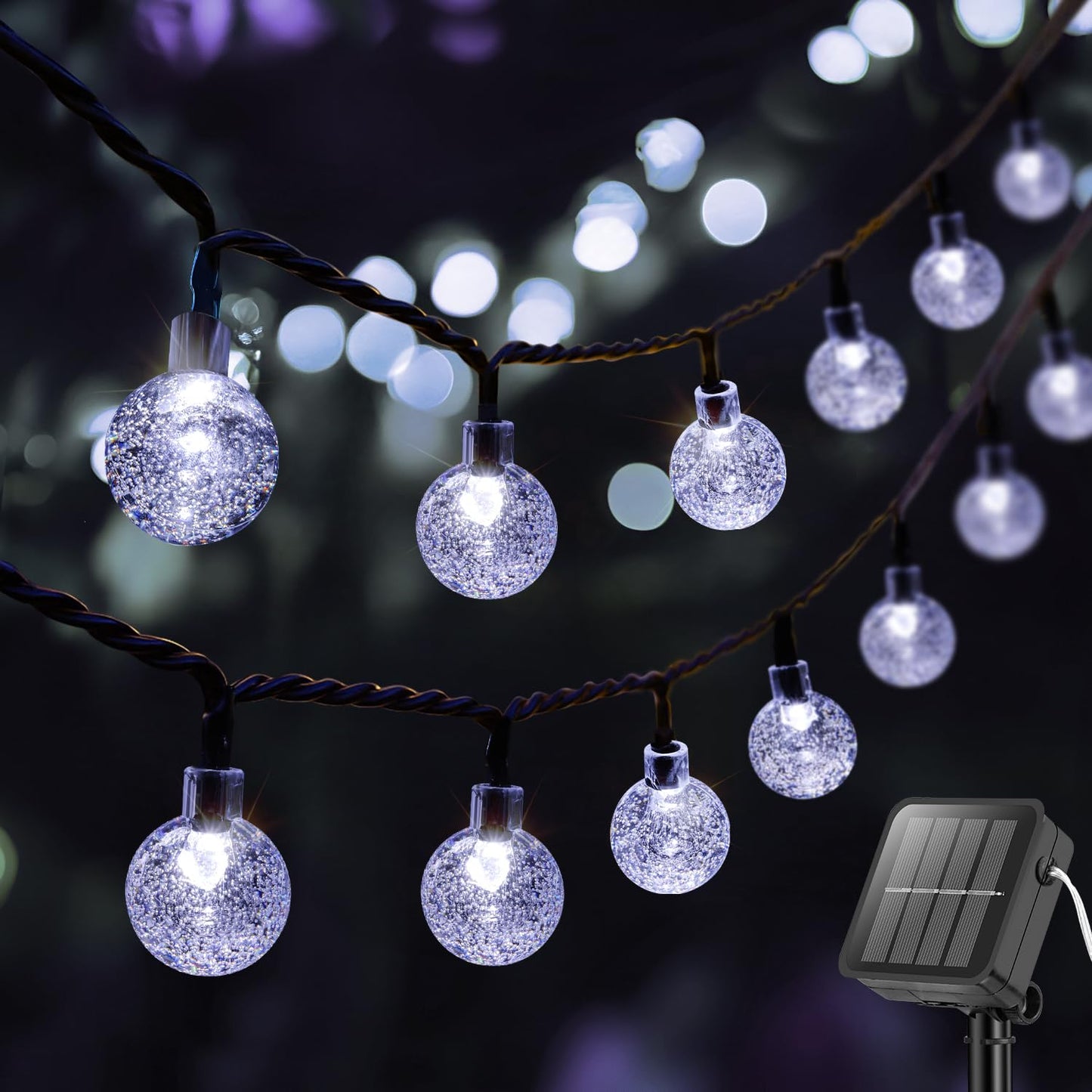 Metaku Solar String Lights, 20FT 30 LED Crystal Globe, Cool White, 8 Lighting Modes, Outdoor Patio Hanging Lights