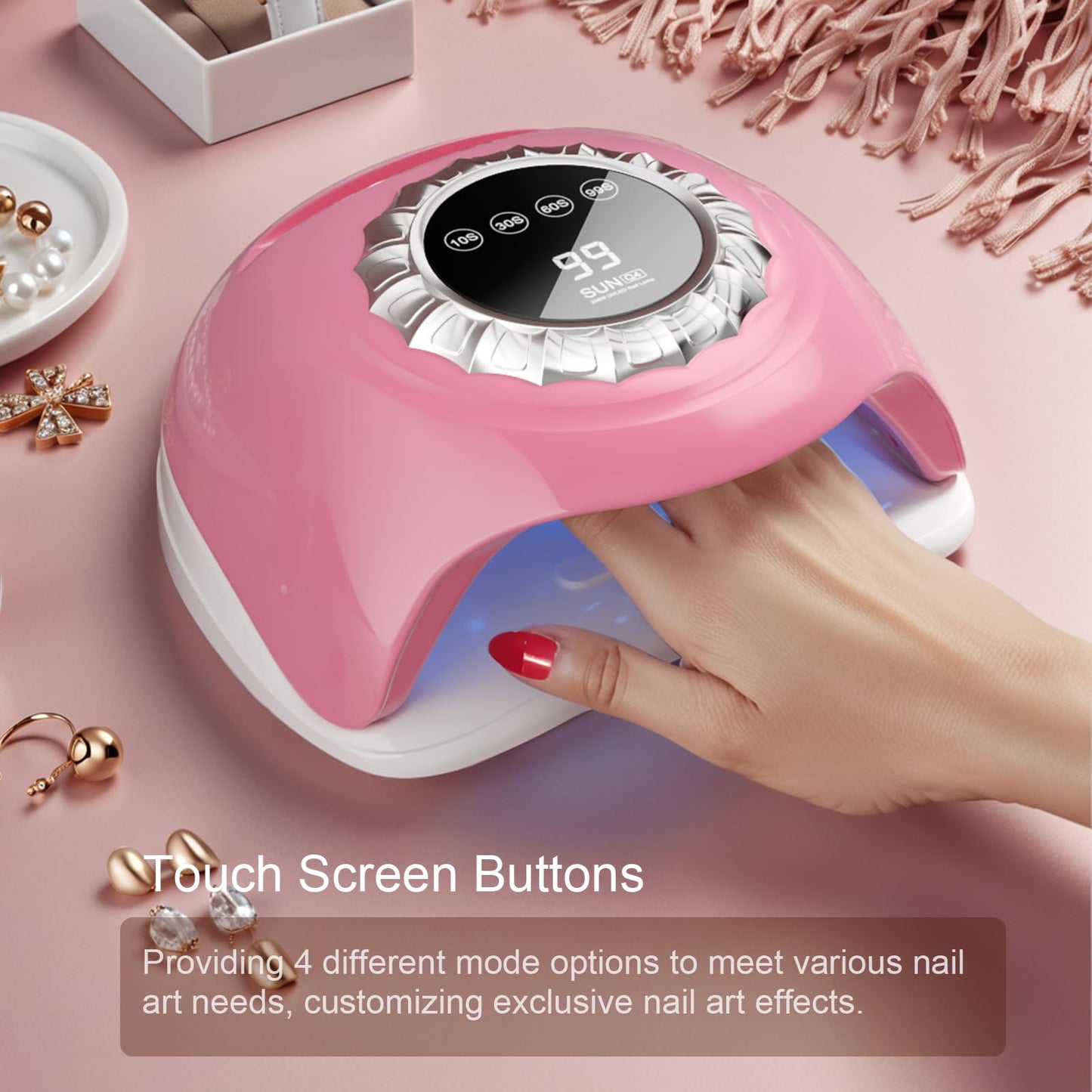 LVAINIT Pink UV LED Nail Lamp - Elegant Touch Screen Nail Dryer with 4 Timer Settings, Detachable Base & Dual Light Beads for Qu