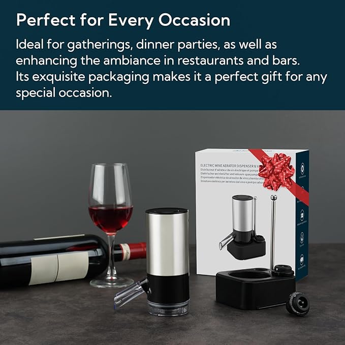 KITCHENDAO Rechargeable Electric Wine Aerator Dispenser and Wine Saver Pump, Automatic Wine Pourer with USB-C Cable, Storage Base and 2 Stoppers, Built-in Sound Indicator