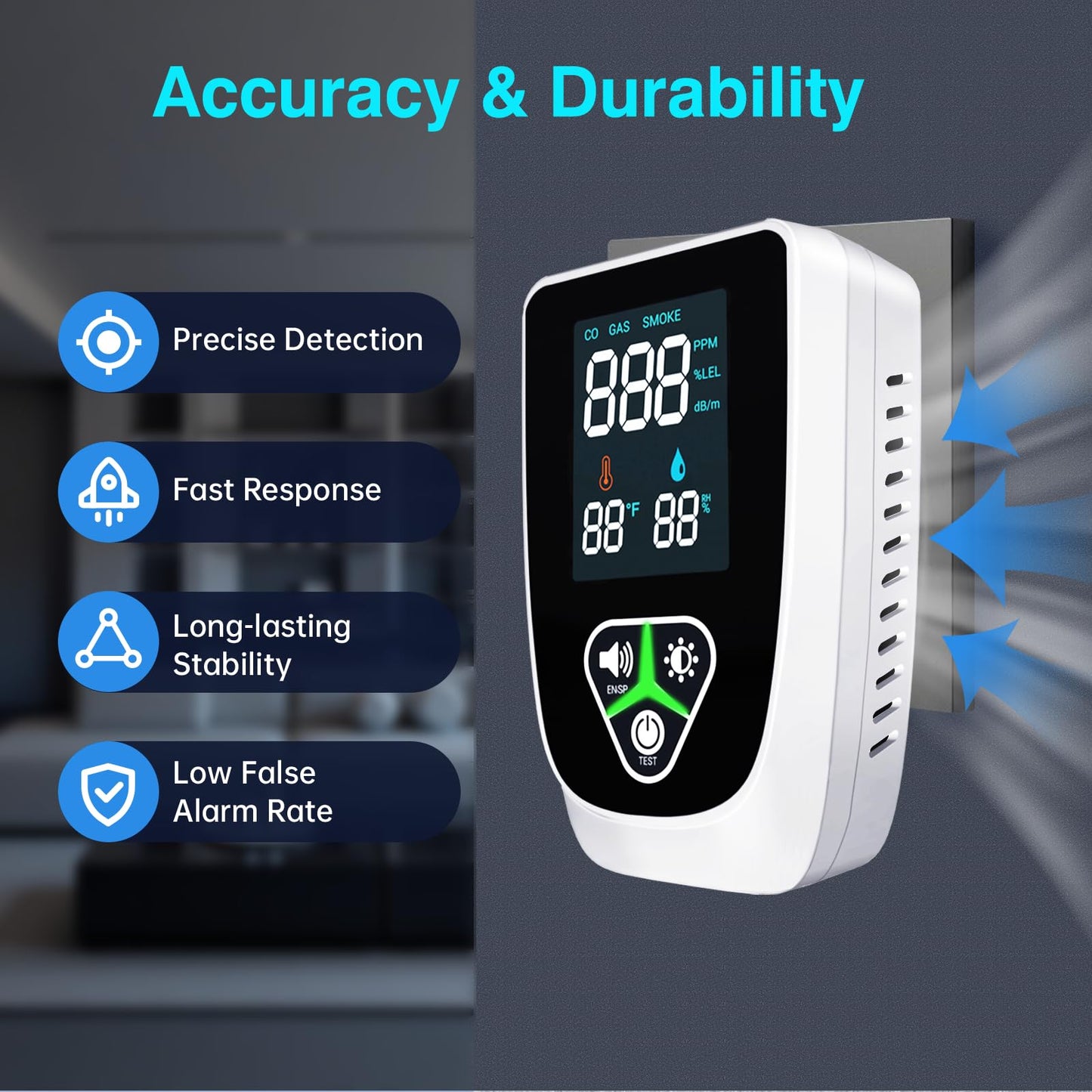 5-in-1 Plug in Gas & Smoke & Carbon Monoxide Detector, Combination CO Alarm with Temperature(°F) & Humidity HD Screen Supports English/Spanish Ideal for Home, RVs, Apartment (1 Pack)
