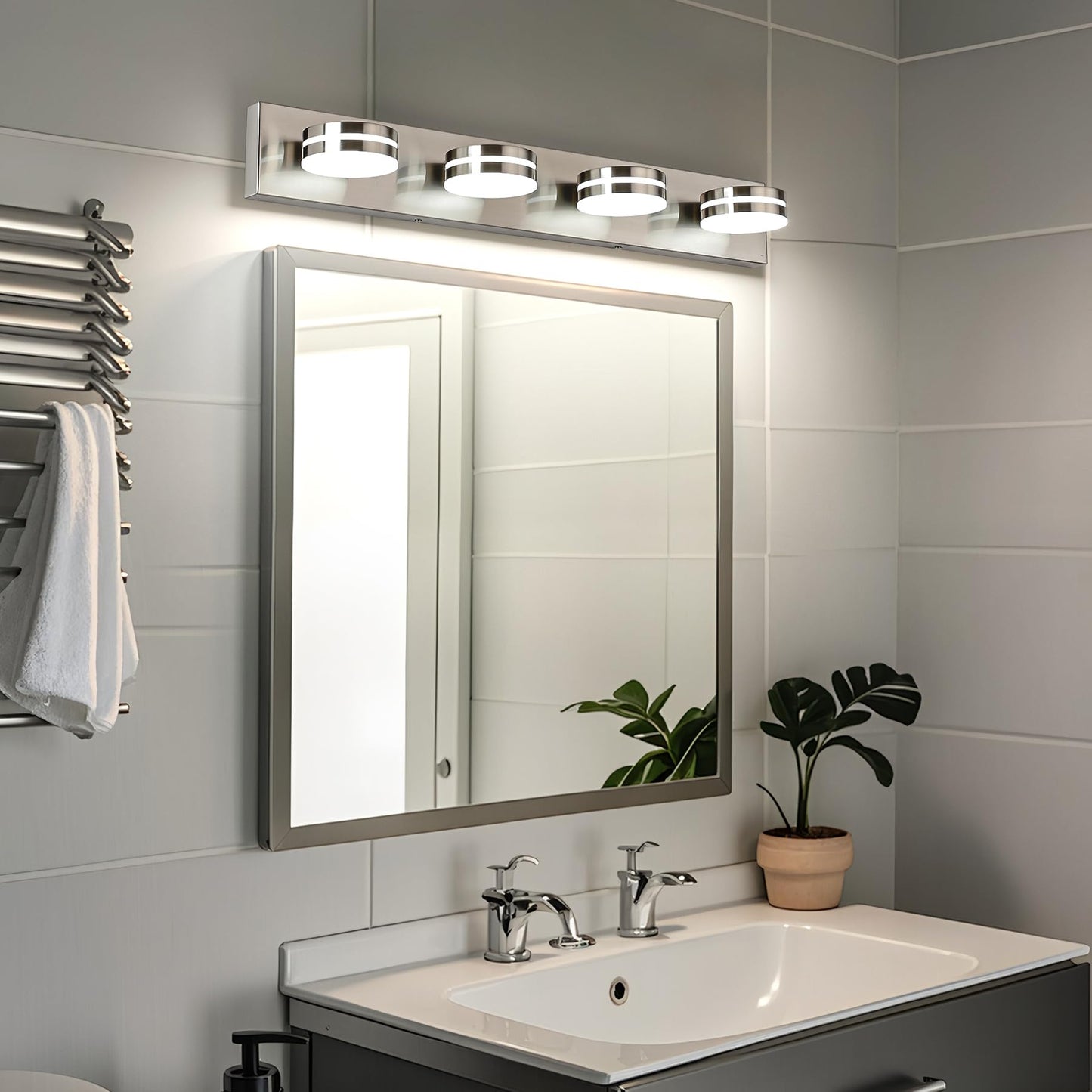 Bicrink Brushed Nickel Vanity Lights For Bathroom  4-Light Bathroom Light Fixtures Over Mirror  Led Dimmable Bath Lighting Fixture  Modern Wall Mounted Lighting Fixture