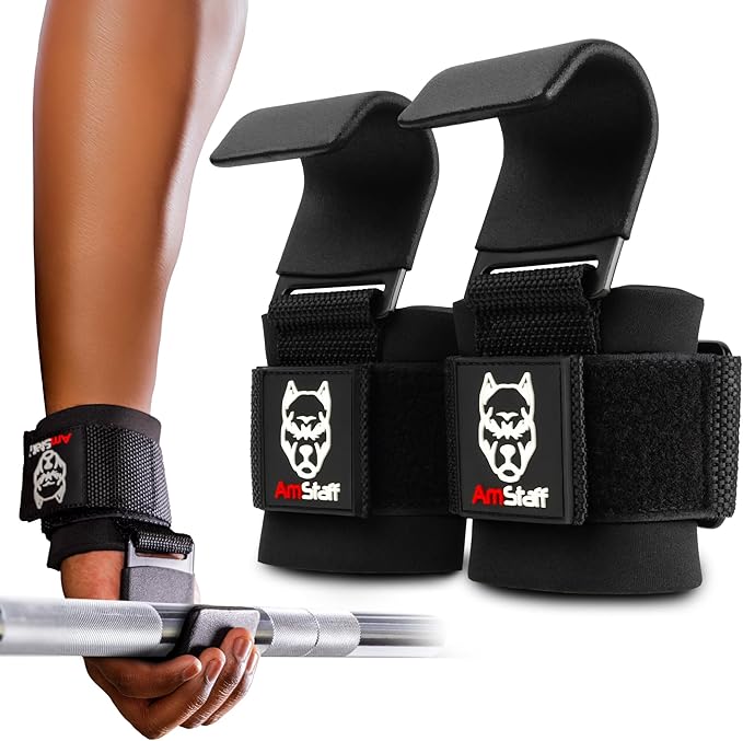 AmStaff Fitness Weight Lifting Hooks (Pair) - Gym Wrist Straps with Steel Hooks for Weightlifting, Pull-Ups, Deadlifts, St...