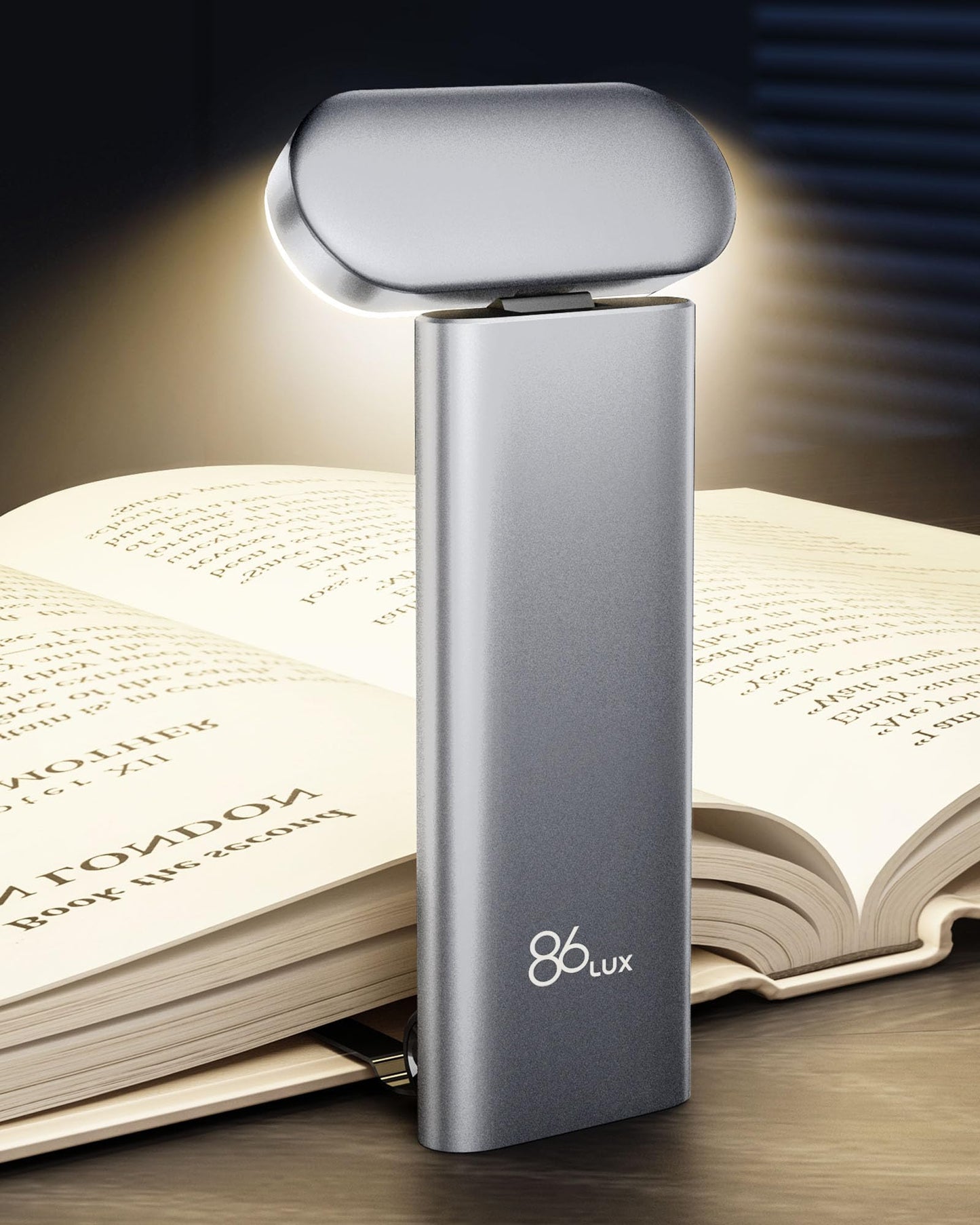 86lux Book Light, USB Rechargeable LED, 3 Colors & Dimming, Model OK25, Silver White
