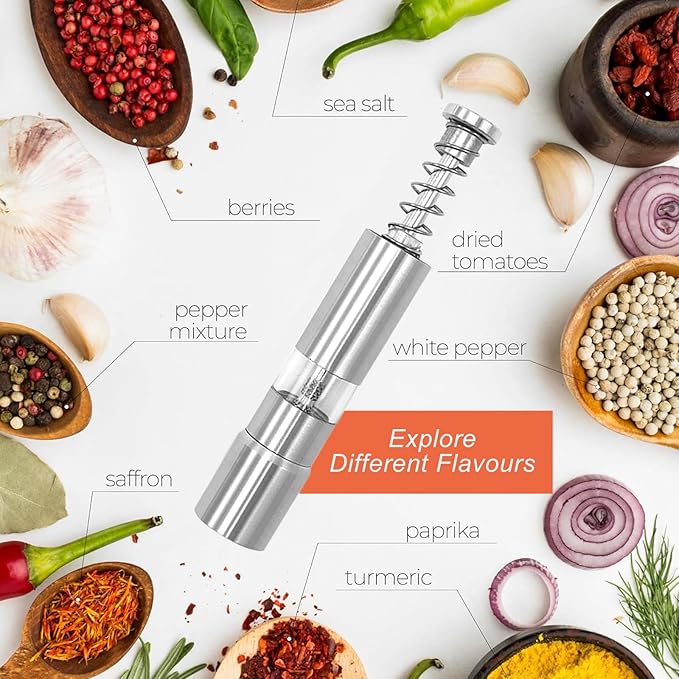 Single Stainless Steel Salt and Pepper Grinder Set, Manual Refillable Peppercorn Mills with Push Button, Thumb Grinder, Sliver White, One Piece
