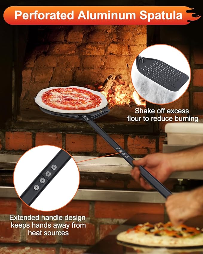 6PCS Pizza Turning Peel, 9 &12 Inch Perforated Pizza Peel, Pizza Brush, Ash Rake, Bubble Spinner Turning Fork, Heat-Resistant Oven Mitts, Pizza Oven Utensil Kit with 40 Inch Aluminum Handle