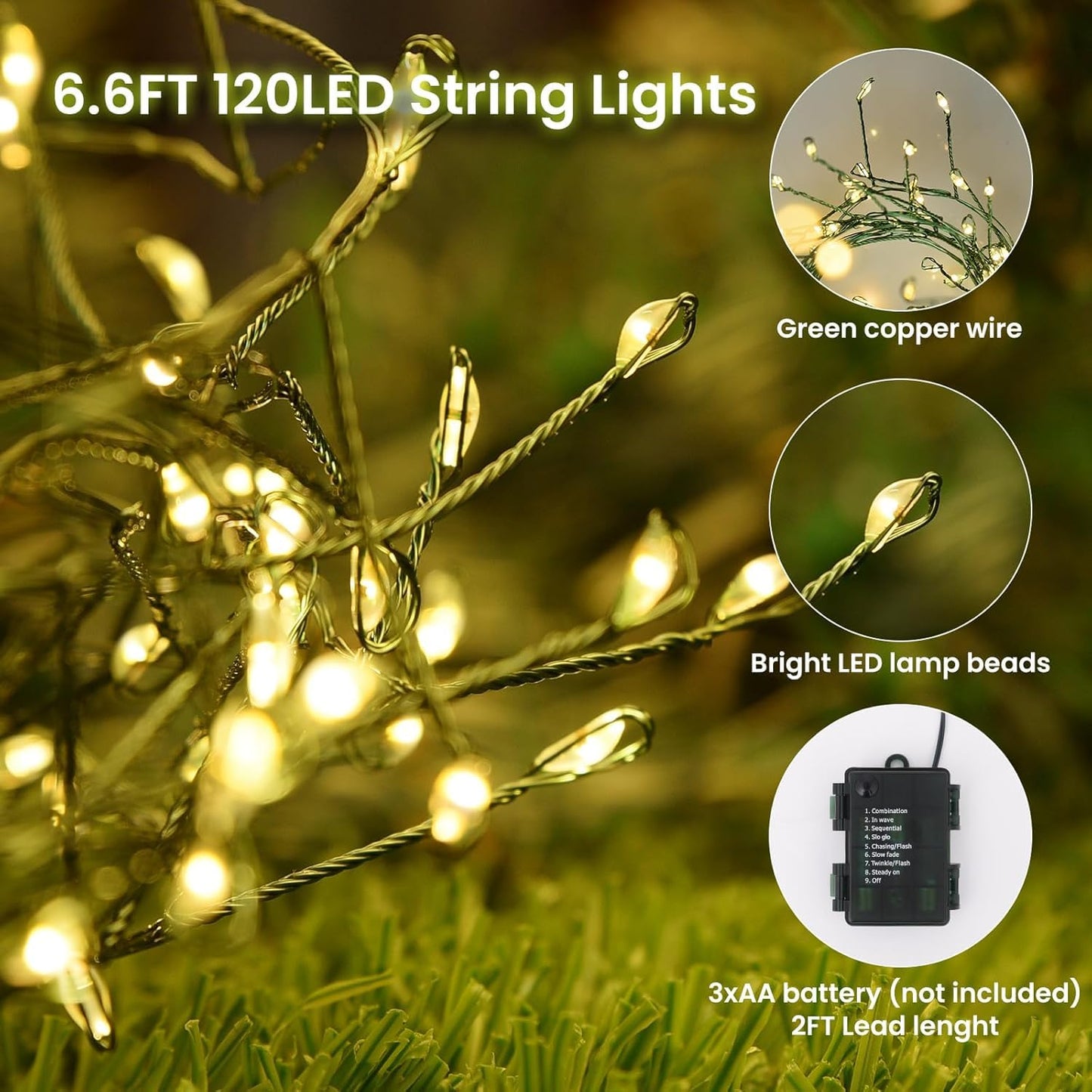 Dailyart 6Ft 120 Led Green Copper Wire Fairy Lights - Waterproof Battery Operated String Lights For Garden, Wedding, Party, Xmas