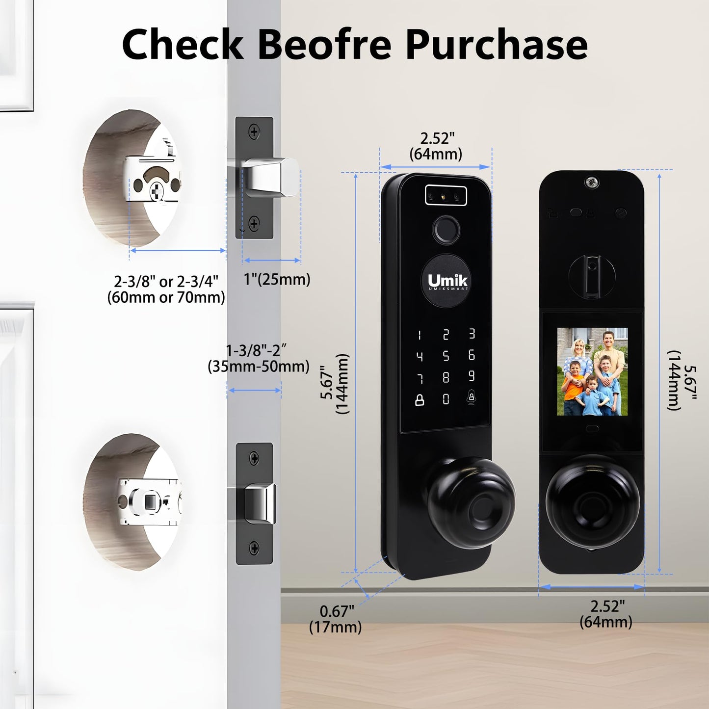 UMIK UMIKSMART 3D Face Recognition Smart Door Lock, Video Smart Lock with Camera&Doorbell, 6-in-1 Keyless Entry Door Lock for Front Door, APP Remote Control (Black)