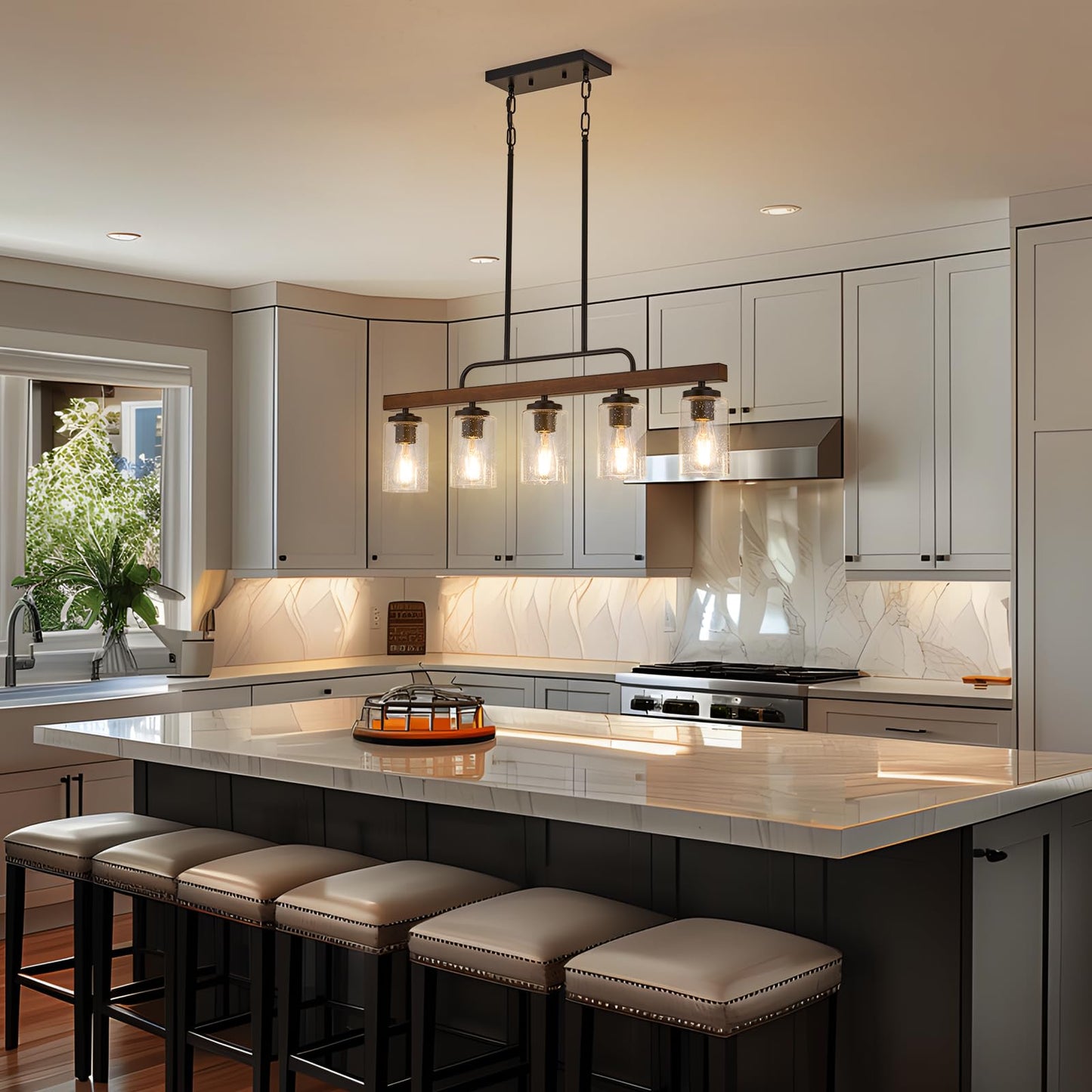 Farmhouse Chandelier 5-Light Dining Room Light Fixture Over Table Kitchen Island Lighting Rustic Chandeliers For Dining Light With Seeded Glass Shade Wood Pendant Lights Kitchen Island