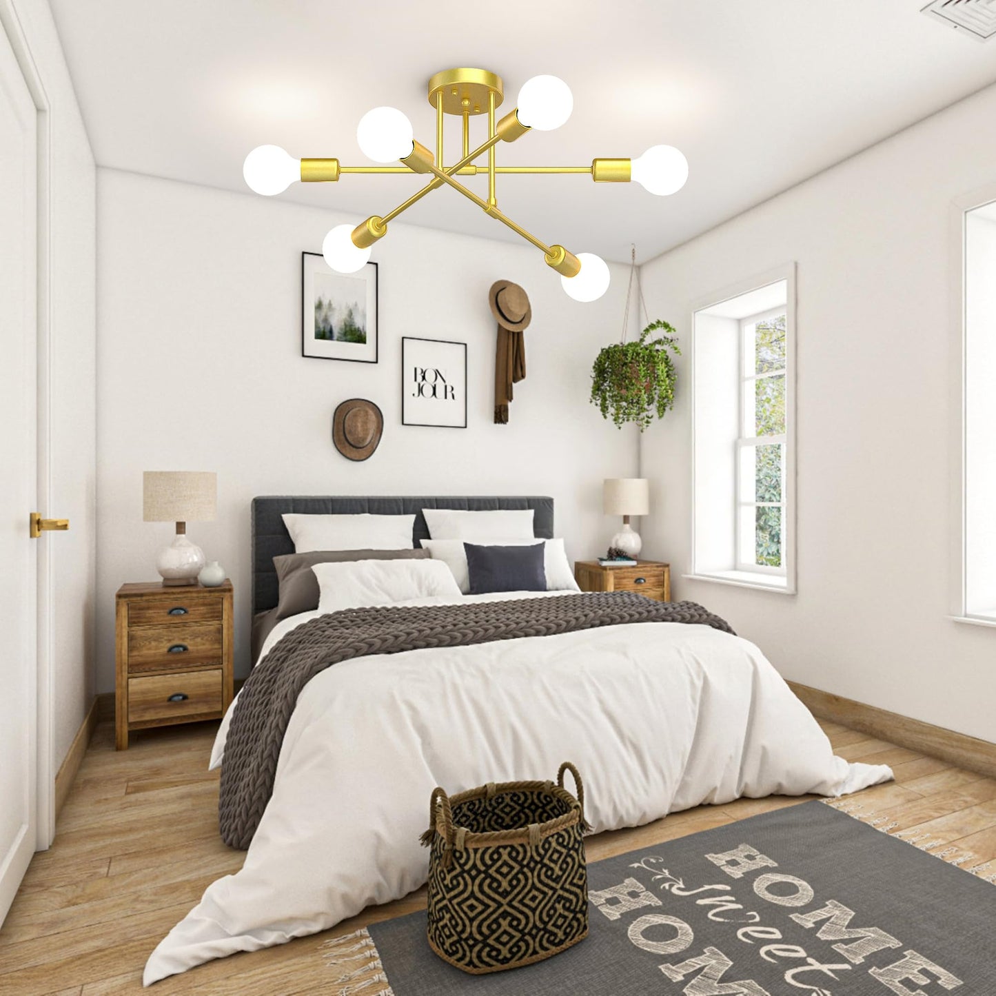 Phaosio Modern Sputnik Chandelier  6-Light 22  Semi Flush Mount Ceiling Light Fixture With E26 Base  Mid Century Industrial Lighting For Bedroom  Dining Room  Living Room-Sparkling Gold