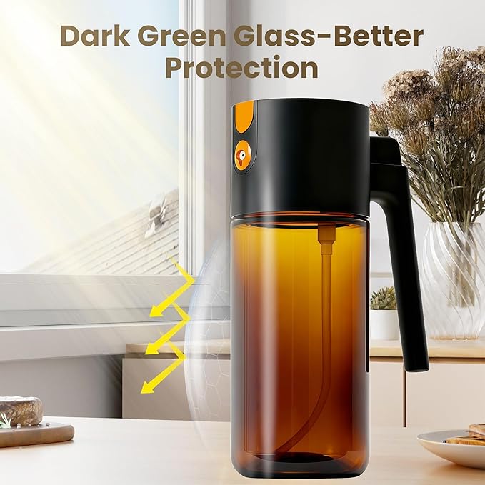 Olive Oil Spray Bottle Dispenser，2-in-1 Glass Material Kitchen Cooking Oil Sprayer，17 oz/500 ml Cooking Spray, Glass Spray Bottle with Tipper, Food Grade Spray for Kitchen, Salad, Frying, Barbecue