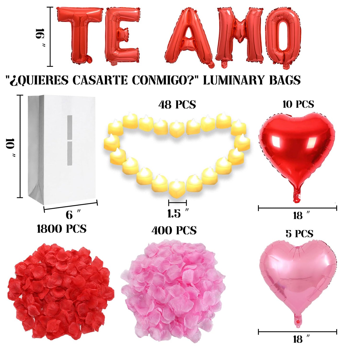 Quieres Casarte Conmigo? Lighted Letters Sign 17Pcs Luminary Paper Bags 2200Pcs Red Pink Artificial Rose Petals 48Pcs Flameless Led Candle Tealight 15Pcs Heart Balloons Romantic Night ValentineS Day