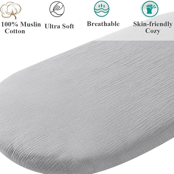 Muslin Bassinet Sheet Compatible with UPPAbaby Bassinet, 2 Pack Cotton Stylish Boho Fitted Bassinet Sheets for Baby Grey & Pink
