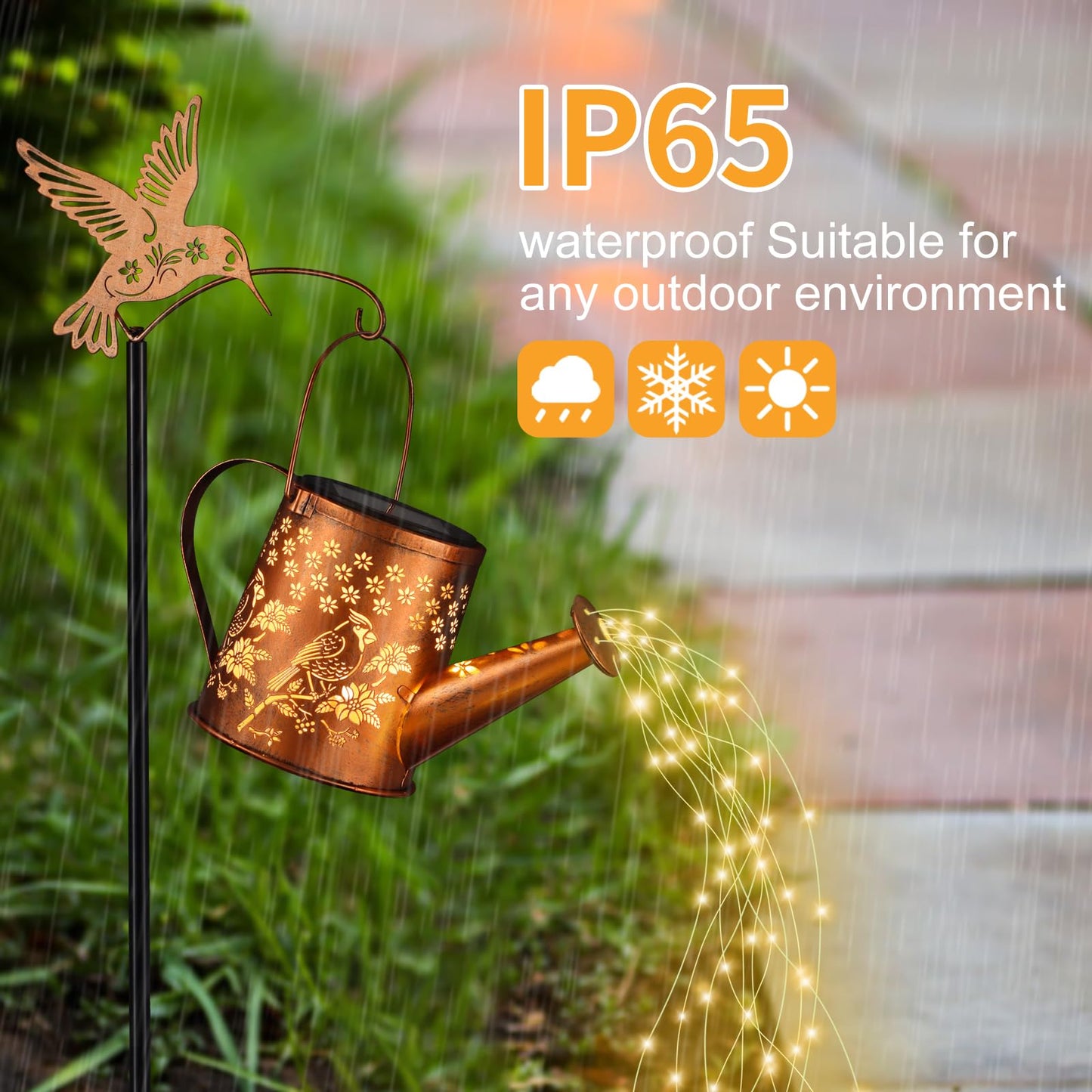 Outdoor Hanging Solar Lantern Waterproof Set Outside Metal Openwork Cardinal Watering Can Landscape Lights For Garden Yard Patio Pathway Decor Birthday Gifts For Women Mom Grandma -With Floor Pole