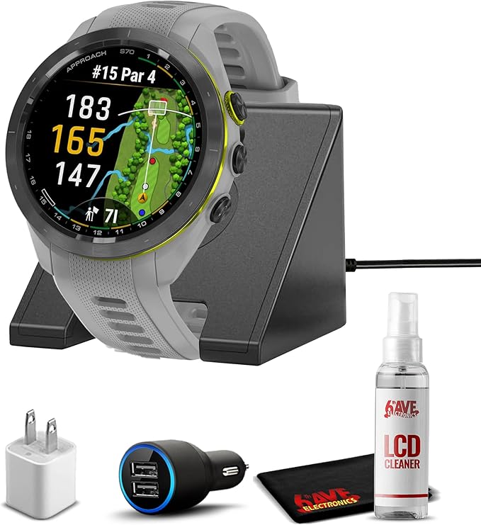 Garmin Approach S70 (Gray, 42mm) Golf GPS Watch AMOLED Display with Charging Stand, Car & Wall Adapters and Cleaning Kit