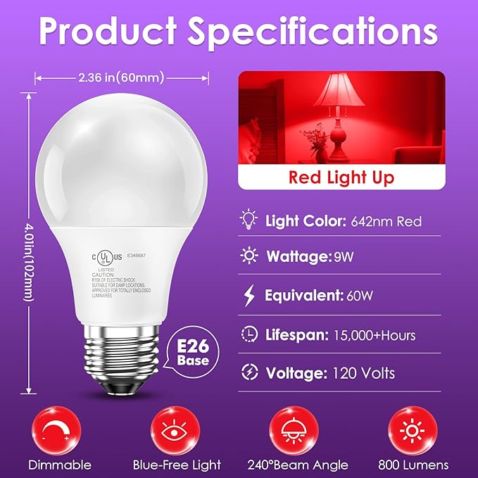 TJOY Red Light Bulbs for Sleep Dimmable, 642nm Red Led Bulb for Melatonin Promoting, 100% Blue Light Blocking, A19 60W Equivalent, 9W E26 Dim Night Light for Bedroom Baby Nursery, 4 Pack