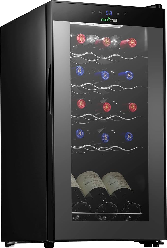 NutriChef Compressor Refrigerator White & Red Chiller Countertop Cooler-Freestanding Compact Mini Wine 15 Bottle Capacity, Digital, Glass Door, Black, Quiet Operation Fridge Touch Temperature Control