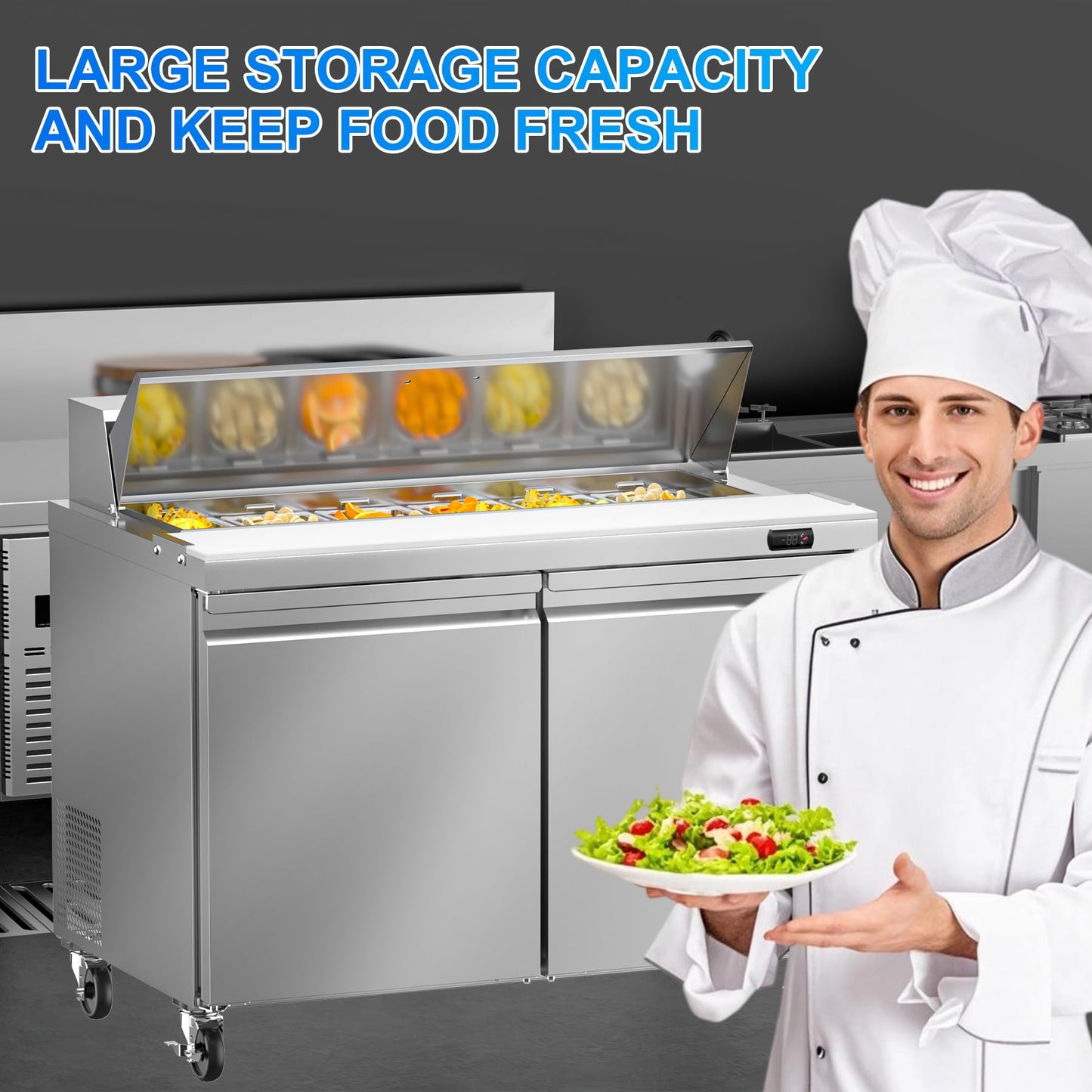 Rockitch 48" W Commercial Refrigerator Sandwich Salad Prep Table Refrigerator, 13.8 Cu.ft Stainless Steel Commercial Kitchen Refrigerated Equipment with 12 Pans for Restaurant, Bar, Shop, etc.