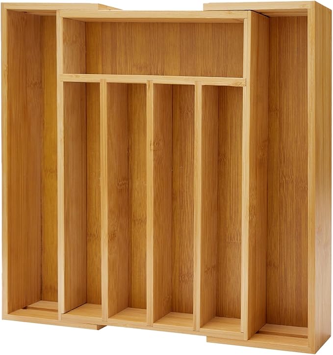 Bamboo Silverware Drawer Organizer Expandable Large Kitchen Utensil Holder Drawer Divider Organizers Storage Adjustable Cutlery Silverware Tray Wooden Spoon Holder Flatware Organizer Trays