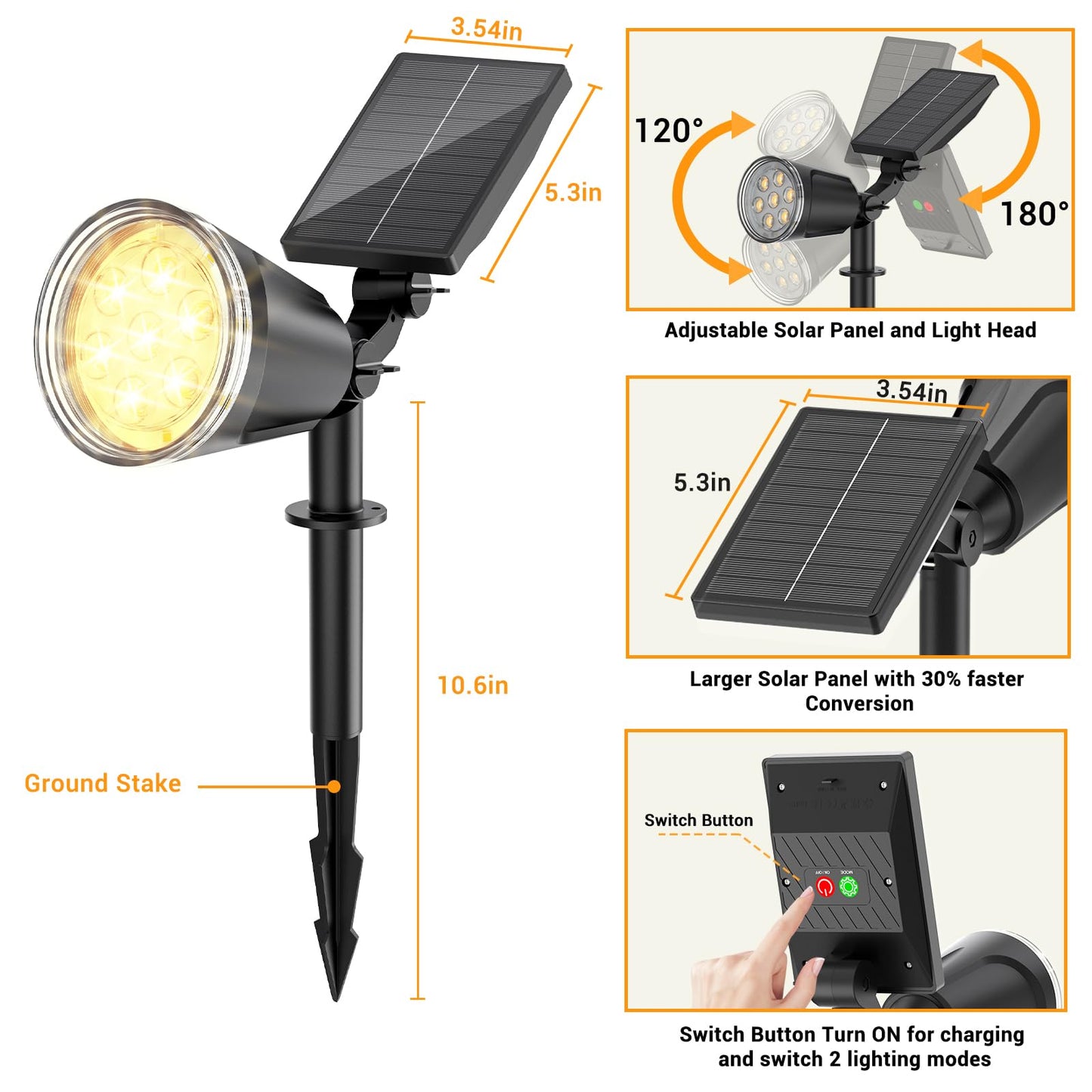 Solar Lights Outdoor Spot Light: 4 Pack 120°&180° Adjustable Bigger LED Solar Spot Lights Outdoor Waterproof - Landscape Lighting Spotlights for Garden, Yard, Pathway, Tree, Flag, Wall (Warm White)