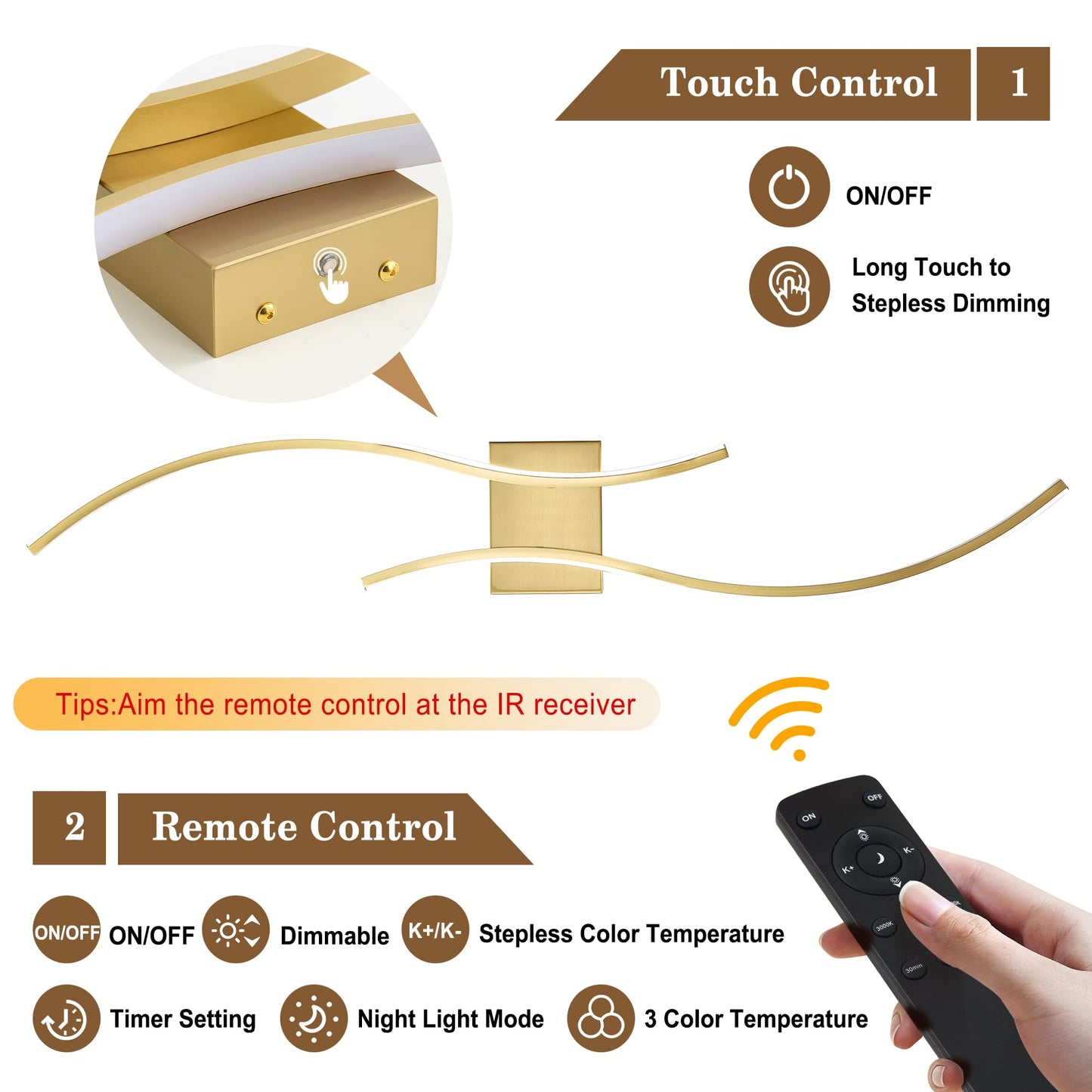 KARTOOSH Wall Sconces Set of 2, Remote Control, Dimmable LED, Brass, 39.3 Inches, Model ZM319BBS100