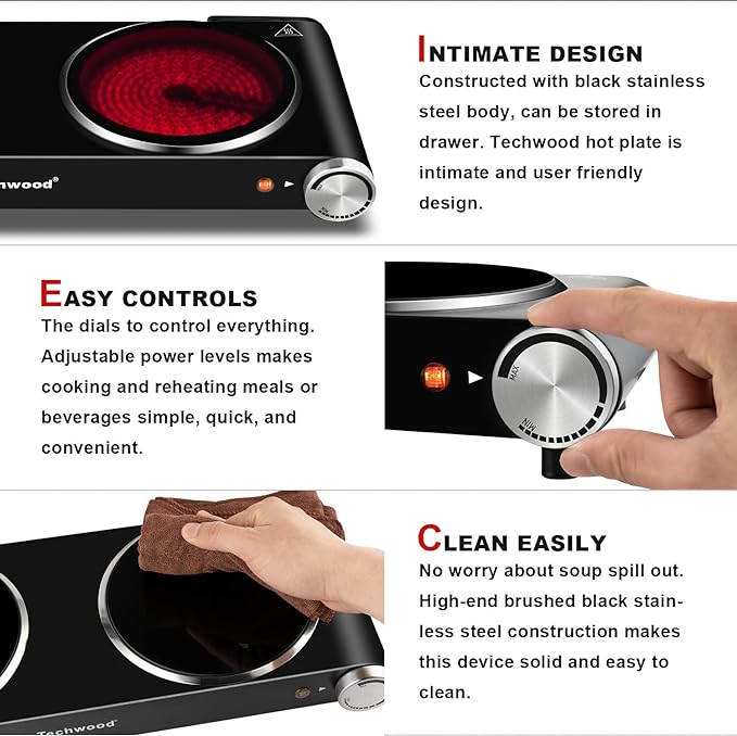 Double Hot Plate, Techwood 1800W Electric Stove for Cooking, Infrared Ceramic Countertop Burner with Dual Adjustable Temperature & Glass Cooktop for Home/RV/Camp, Compatible for All Cookwares, Black