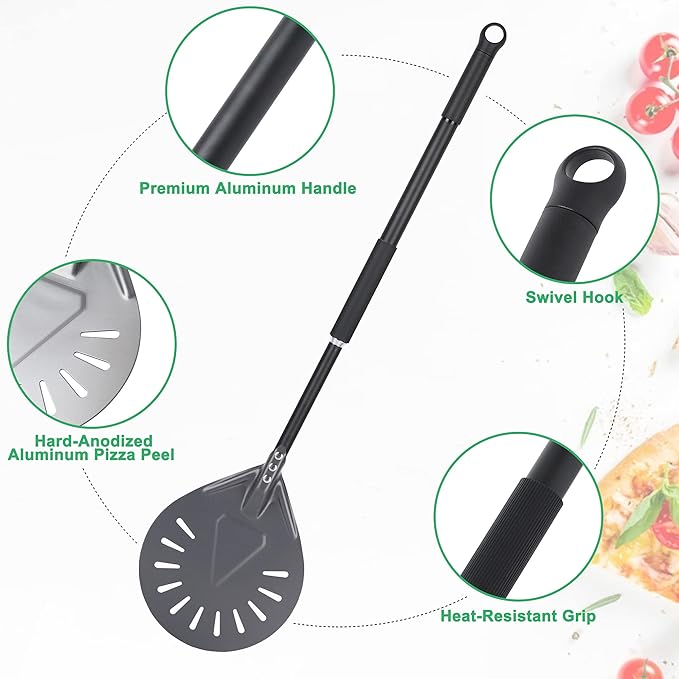 Pizza Turning Peel - 8 Inch Aluminum Perforated Turner With 32 Inch Long Handle, Lightweight Metal Peel for Outdoor Oven Accessories