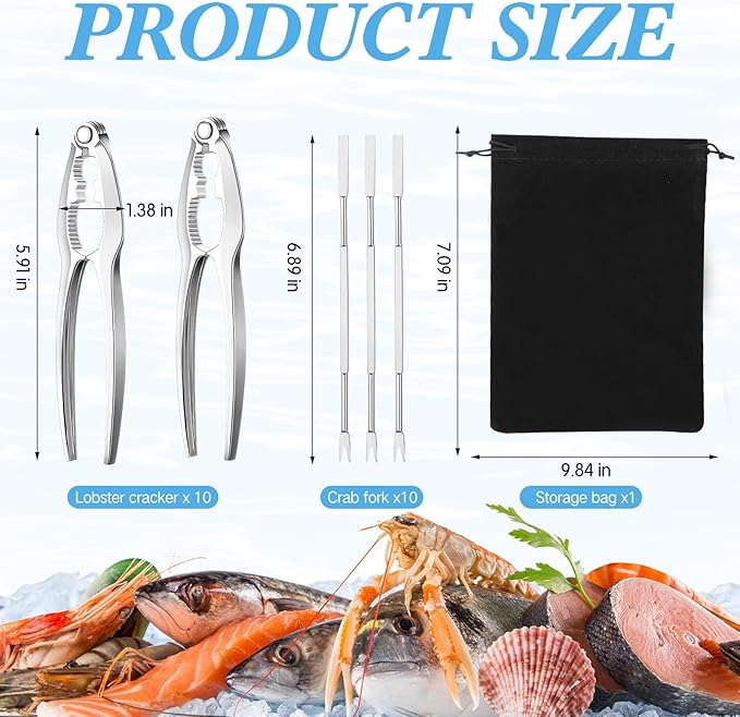 Zhehao Lobster Crackers and Picks Set Seafood Party Dinner Supplies Stainless Steel Crab Leg Tool with Seafood Fork and Bag Heavy Duty Nut Cracker Set Opener Shellfish for Kitchen Restaurant(21 Pcs)