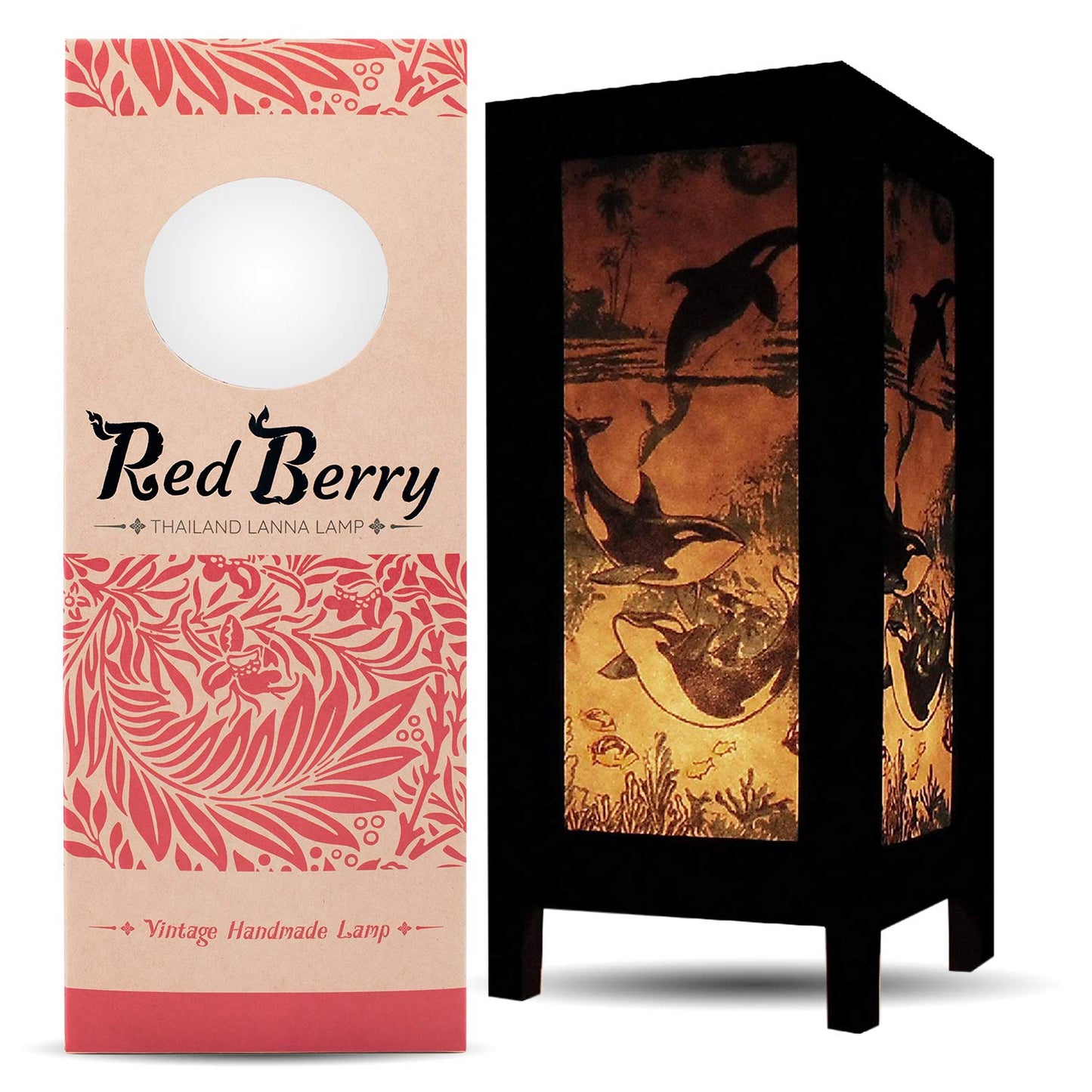 Red Berry Thailand Lanna Lamp - Japanese Bedside Lamp, Asian Decorative Table Lamp, Red Paper Design, Perfect For Nightstands