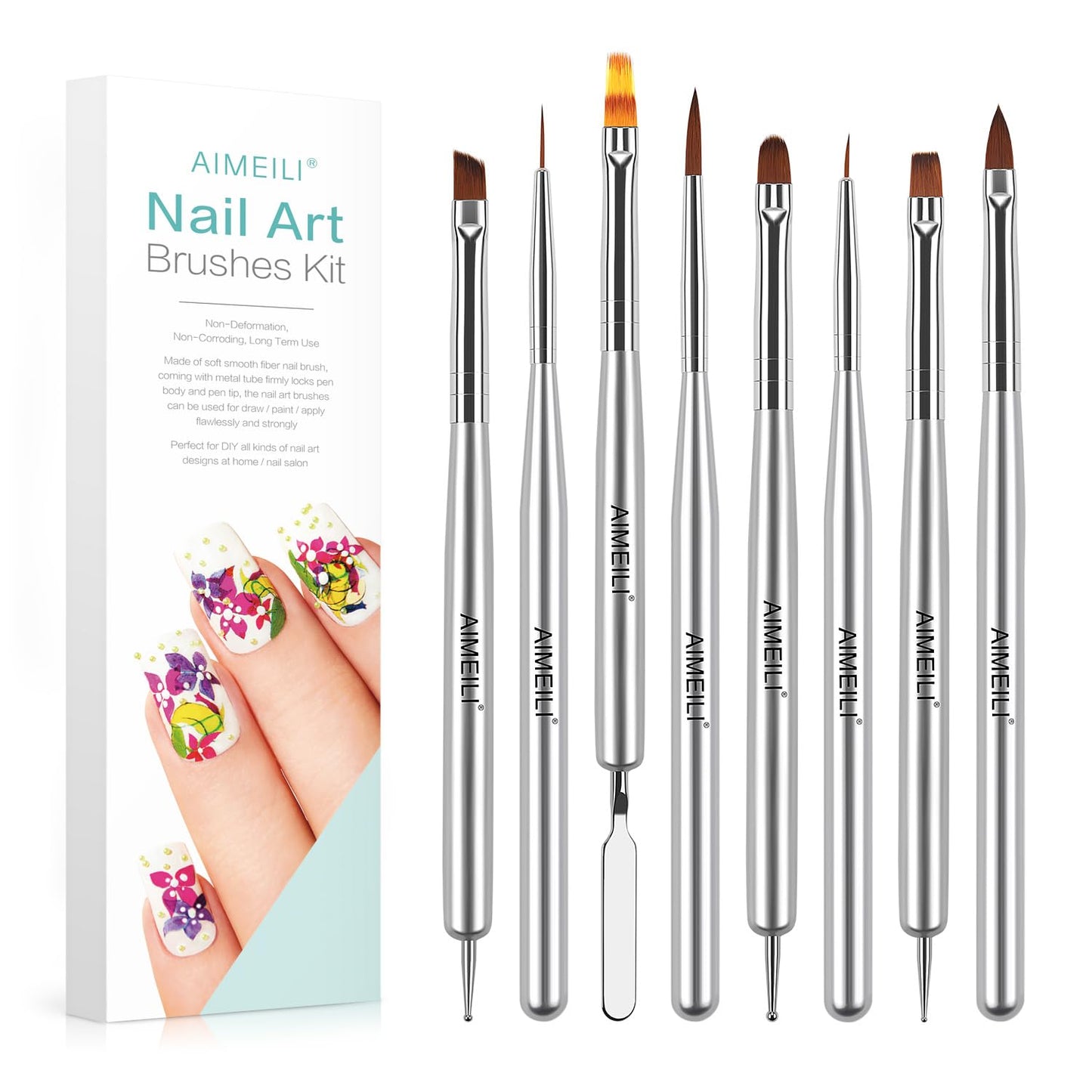 AIMEILI Nail Art Brushes for Nail Polish Gel, 8 Pcs Fingernail Art Design Pens, Dotting Pen Clean Up Liner French Nail Brush DIY