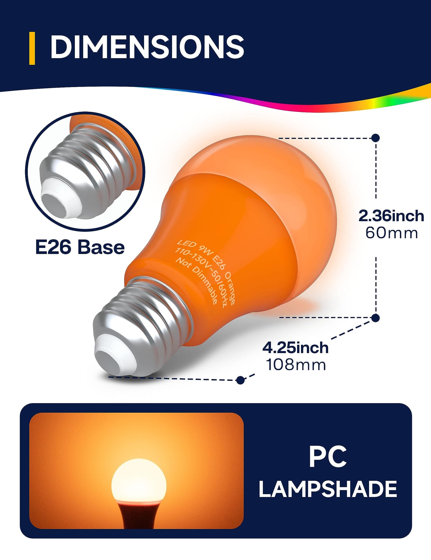 UNILAMP A19 LED Orange Light Bulb, 9W Equivalent, E26 Base, Non-Dimmable, 4 Pack, Holiday Lighting, Model 120VA19OOW9E