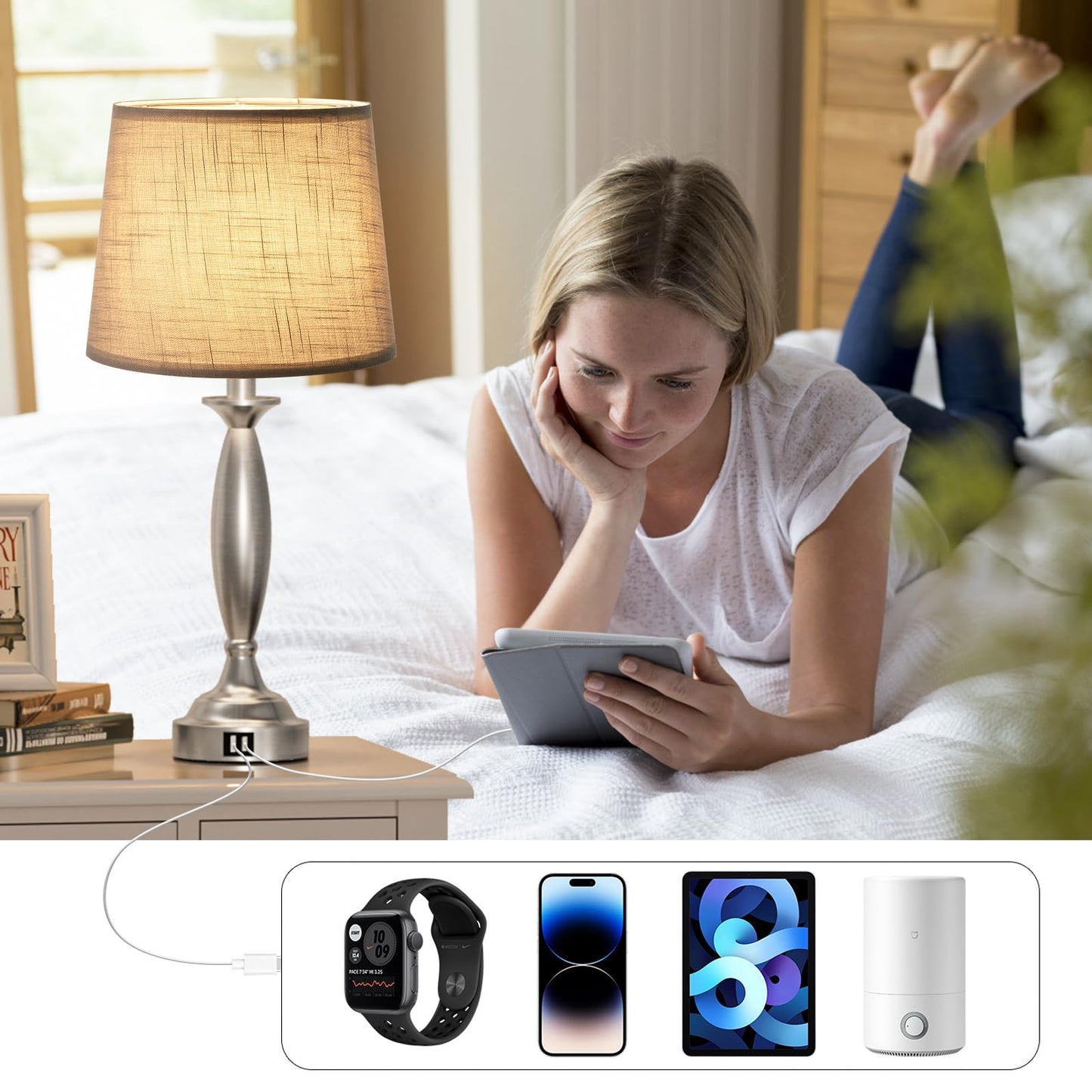Seealle Touch Bedside Lamps Set of 2 - 3 Way Dimmable, USB Port, 22.5in, Metal, Mottled Gray Shade and Nickel Base