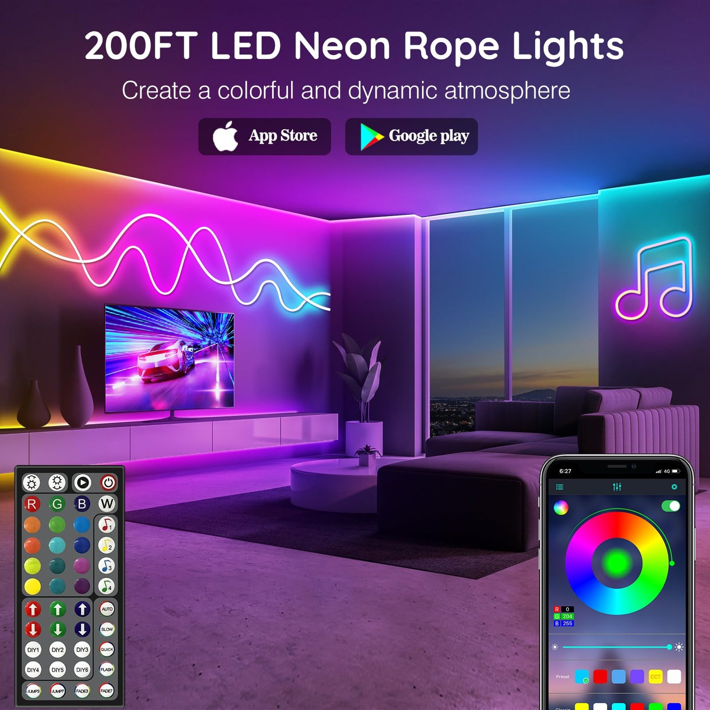 LETIANPAI 200FT Neon Rope Lights, RGB Outdoor LED Strip, App/Remote Control, Waterproof, Music Sync