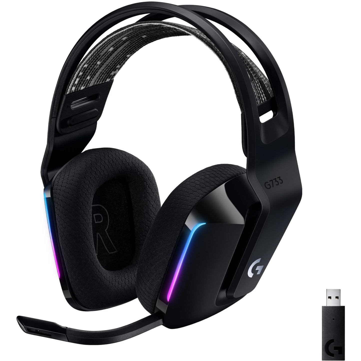 Logitech G733 Lightspeed Wireless Gaming Headset with Suspension Headband, LIGHTSYNC RGB, Blue VO!CE mic Technology and PRO-G Au