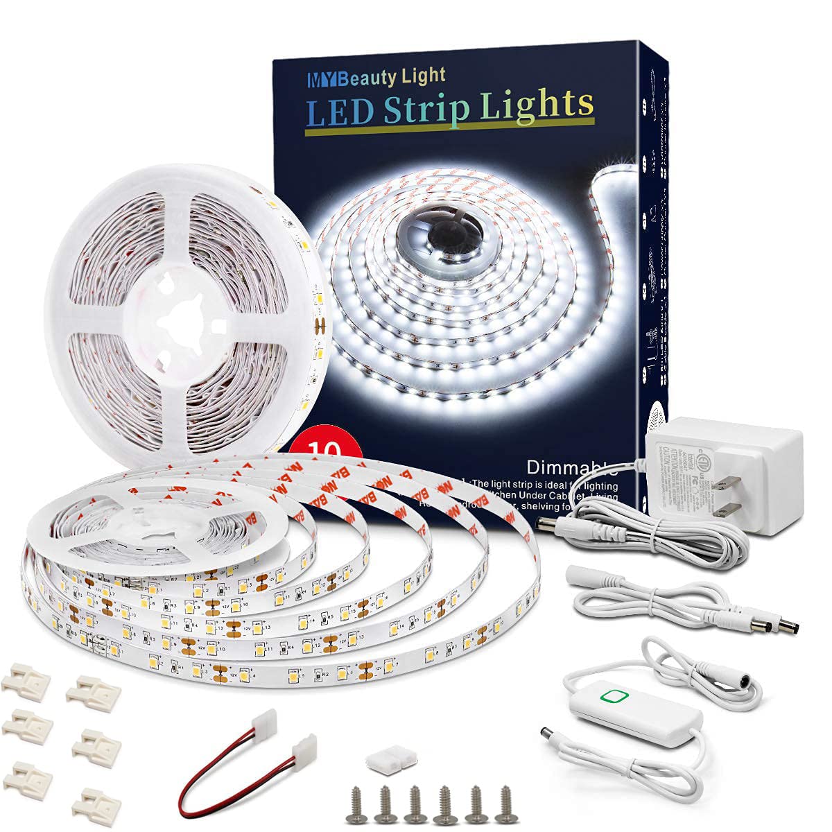 MY BEAUTY LIGHT LED Strip Lights, 32.8FT, White, Dimmable, Flexible Rope Lights with Power Supply, Clips, Dimmer Switch, Model ZH117-6000K