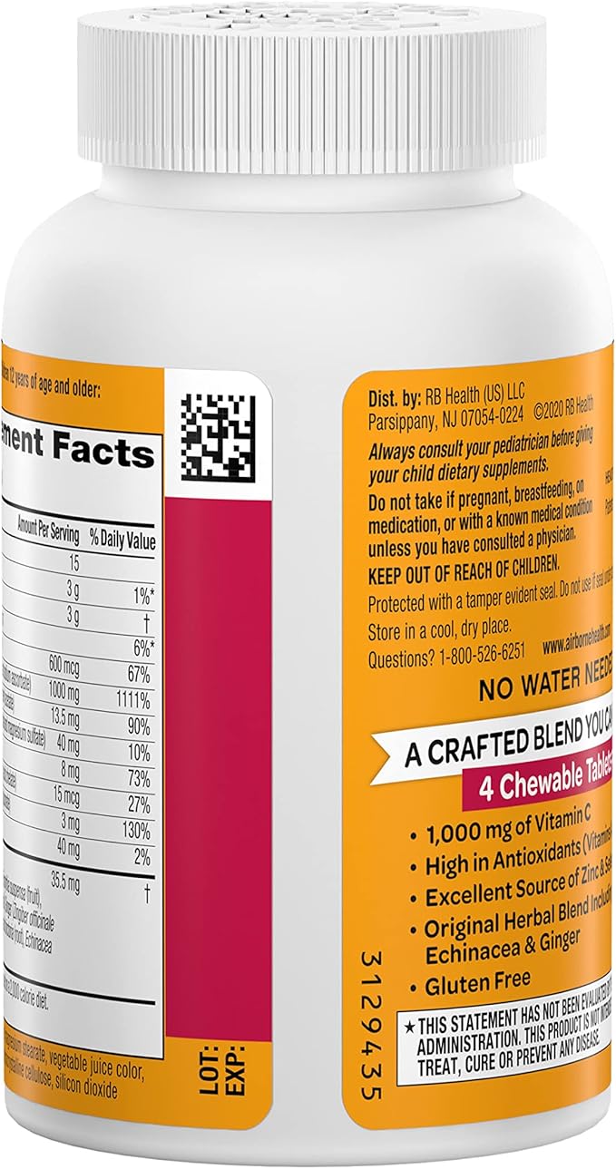 Airborne 1000mg Vitamin C Chewable Tablets with Zinc, Immune Support Supplement with Powerful Antioxidants Vitamins A C & E - 96 Chewable Tablets, Very Berry Flavor
