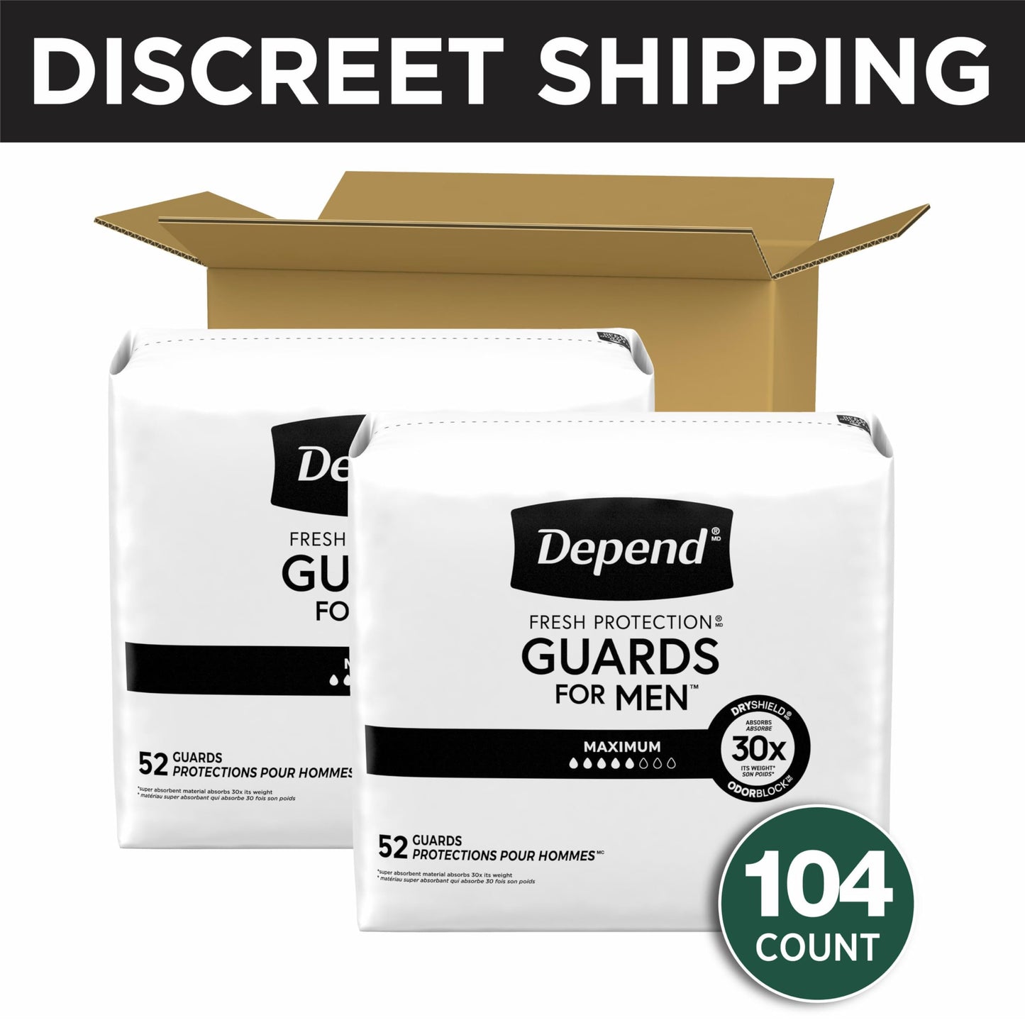 Depend Guards Incontinence Pads for Men, Maximum Absorbency, 104 Count (2 Packs of 52), Packaging May Vary