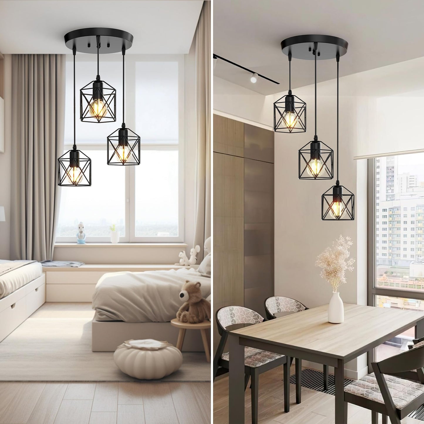 Phaosio 3-Light Pendant Lighting  Farmhouse Hanging Light Fixture For Kitchen Island & Dining Room  Industrial Vintage Ceiling Lamp With E26 Base  Adjustable Height  Matte Black