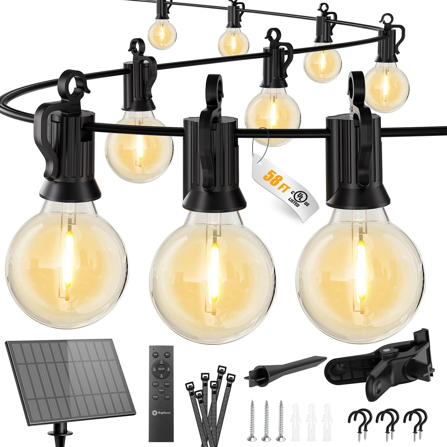Brightown Solar String Lights 58FT with Remote, 26 LED Shatterproof Bulbs, Dimmable, 3 Light Modes, Black, Model GY-S-C25
