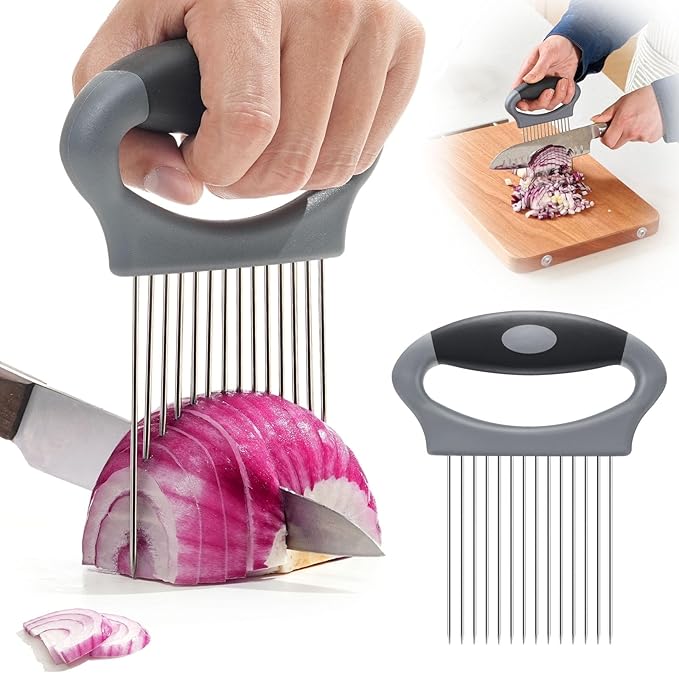 Onion Holder for Slicing, Large Stainless Steel Onion Slicer Holder - Multi-Purpose Vegetable Chopper Tomato Slicer, Food Cutter Assistant Tool for Potato, Avocado, Egg, Lemon, Fruit & Meat Tenderizer